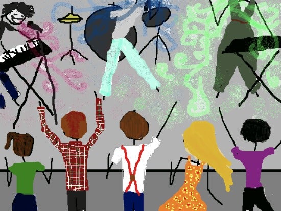 Illustration of people cheering a band on stage