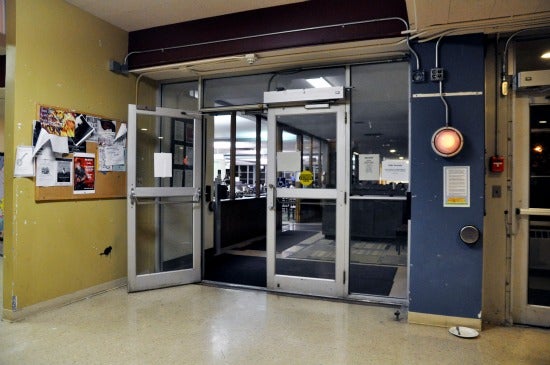 Glass doors leading to the dining hall.
