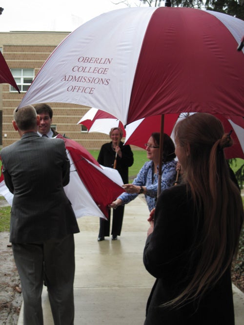 An umbrella with the text "Oberlin College Admissions Office" 