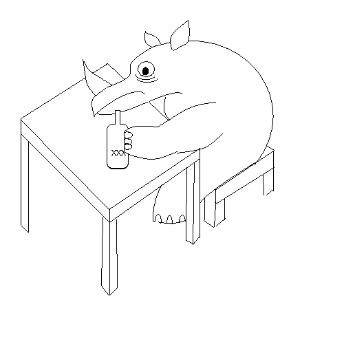 Illustration of a rhino sitting at a table with a bottle of booze
