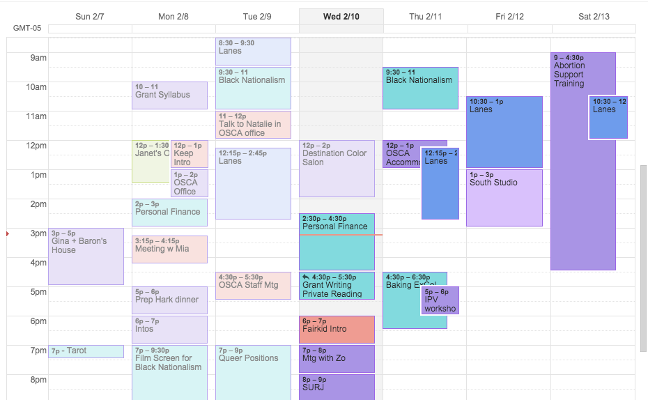 Screenshot of a calendar showing a full week with color-coded entries such as Grant Syllabus, Prep Hark Dinner, Grant Writing Private Reading, Film Screen for Black Nationalism, Baking Expo, and Abortion Support Training.