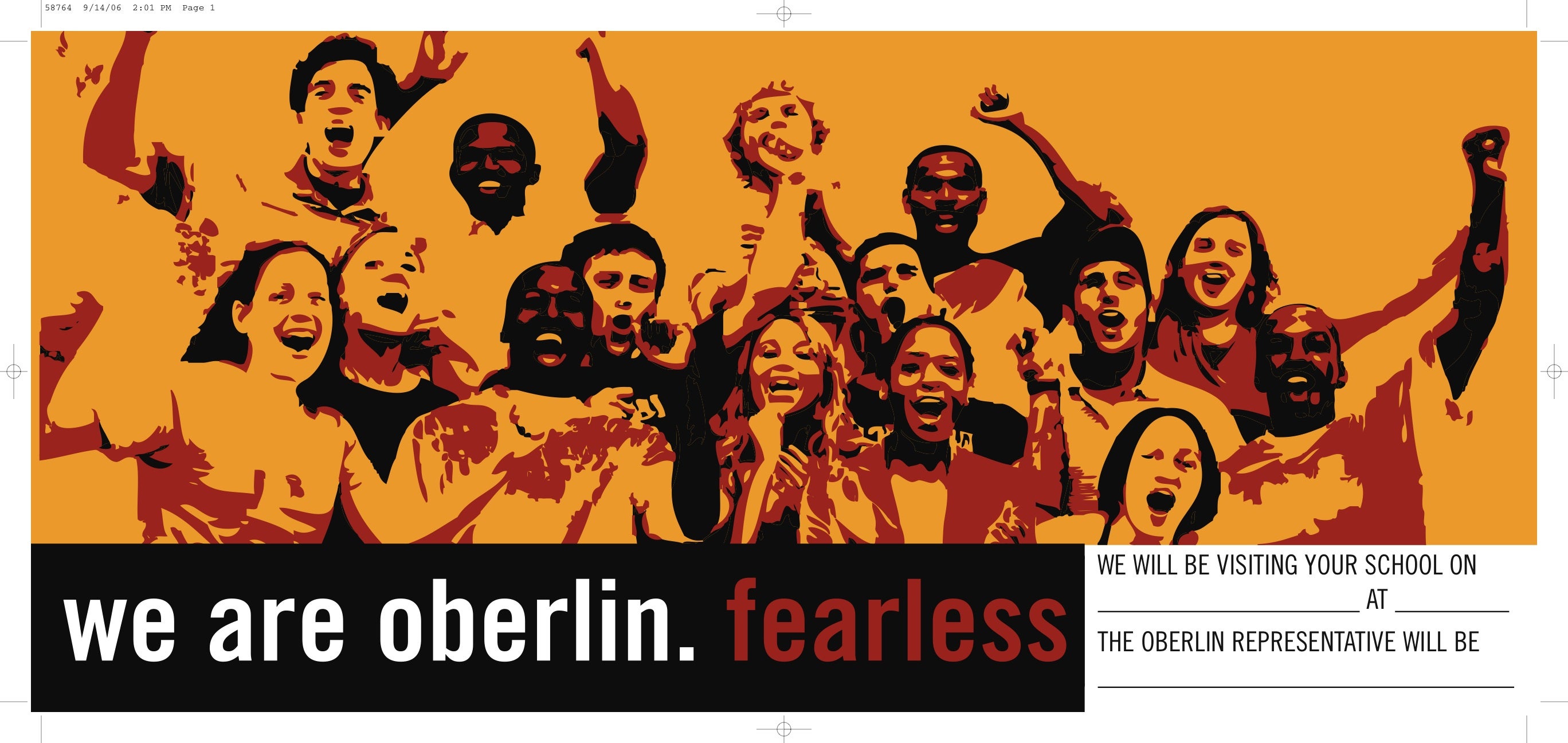 A poster of students cheering with the words "We are Oberlin. Fearless"