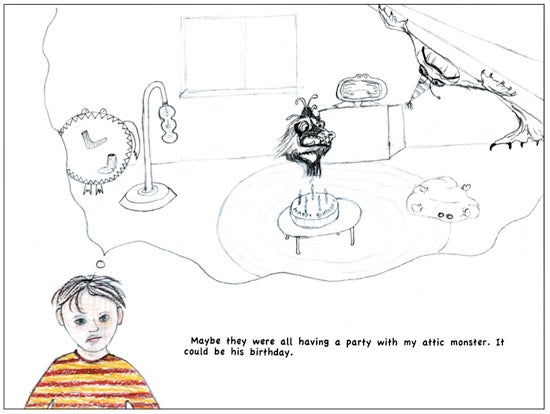 The boy daydreams about monsters having a birthday party 