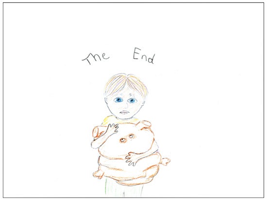 The boy holds a  monster with the words "The end" above him