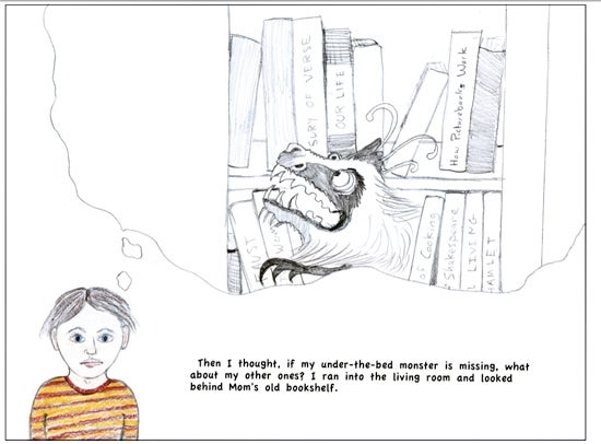 A boy day dreams about a monster next to a bookshelf