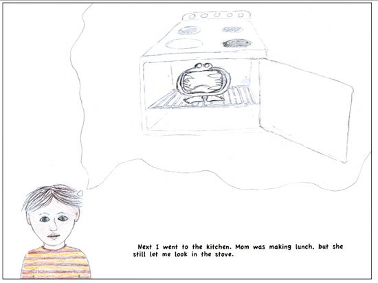 A boy day dreams about a frog in a n oven