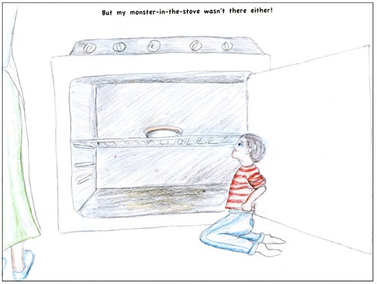 A boy looks at a pie baking in an oven