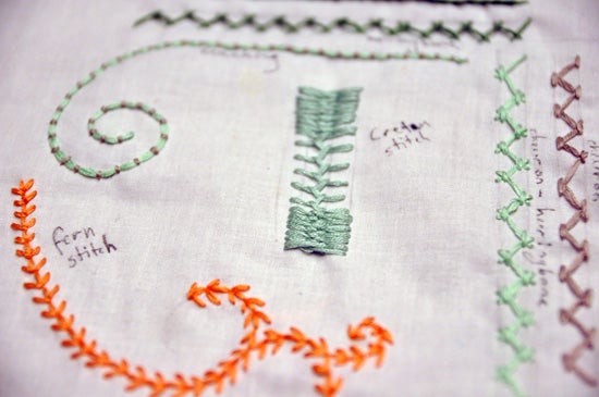 Embroidery examples showing fern stitch and creten(?) stitch