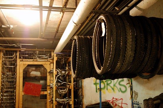 Bike Tires handing from the ceiling 