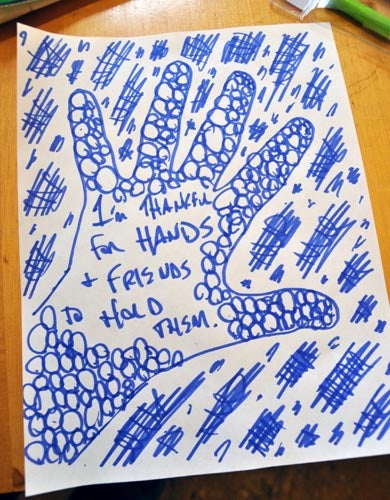 Drawing of a hand with the phrase shown below in the palm