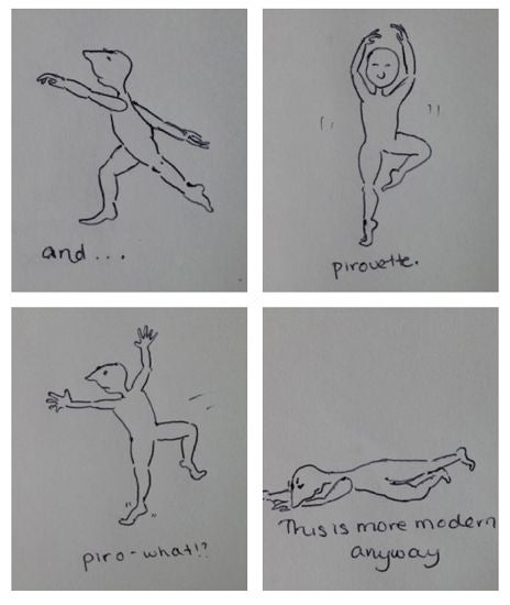 Four illustrations of a figure in different positions accompanied by text: "and...," "pirovette," "piro-what!?," "this is more modern anyway"