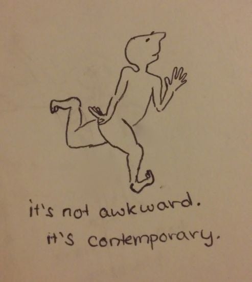 Illustration of a figure running gleefully. Text: "it's not awkward. It's temporary"