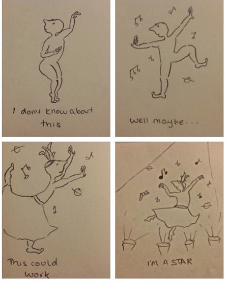 Four illustrations of a figure in different positions accompanied by text: "How about this," "well maybe...," "this could work," "I'm a star"