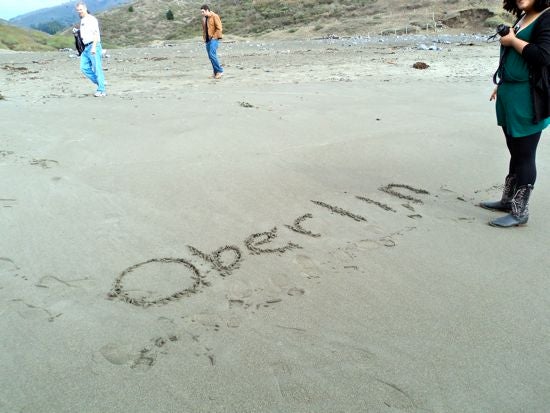 The word "Oberlin" carved into beach sand 
