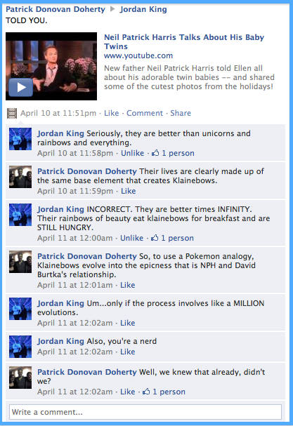 A Facebook post from Patrick Donovan Doherty's onto Jordan King's wall if a video titled "Neil Patrick Harris Talks About His Baby Twins" 