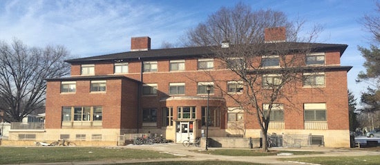 Exterior of a brick, 3-story residence hall