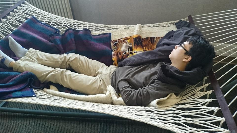 Chul sleeping in a hammock