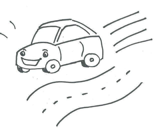 Car with a smiling face on a curving road (line drawing)
