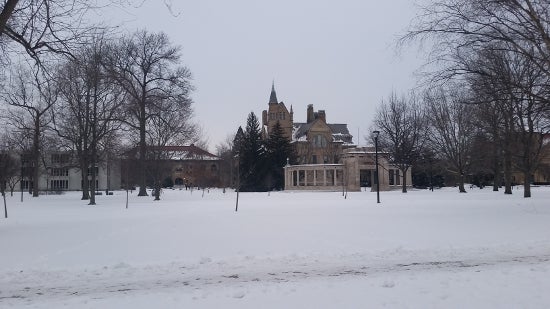 A view of Peters Hall from a snowy Tappan square