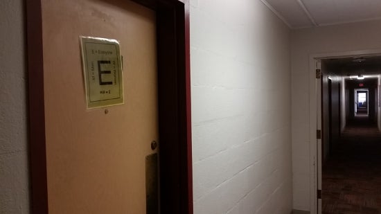 Door marked with a large letter E
