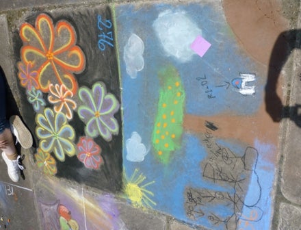 Chalk drawings on sidewalk squares 