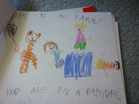 A child's drawing of a tiger and people