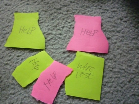 torn Pieces of paper with the words "help" and "we're lost"