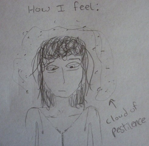 Comic: A girl looking dazed with an arrow pointing to lines around her head "cloud of pestilence"