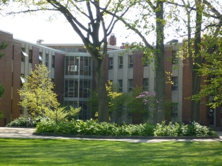 Blooming plants and trees next to North dorm