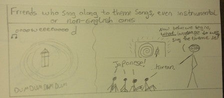 Text: "friends who sing along to them songs, even instrumental or non-english ones." Image: figure instructing others to sing