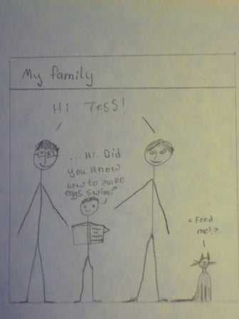 Text: "my family." Image: stick figure family with two parents and a kid