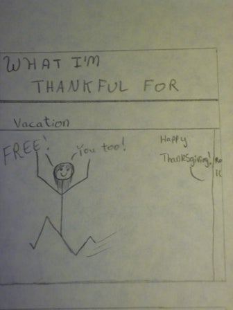 Text: "vacation." Image: stick figure jumping for joy