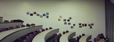 In a lecture hall, photos are taped up on a wall.