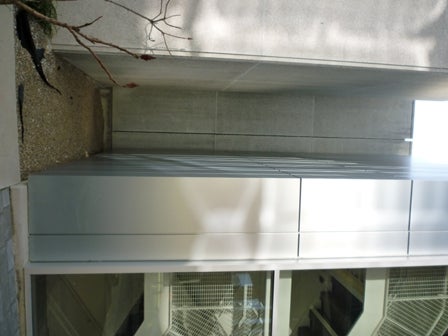 View of a little "nook" in the concrete on the side of Robertson Hall