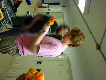 A student looks at a nerf gun
