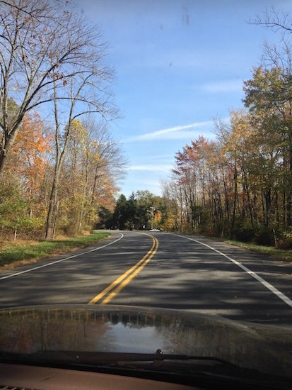 The hood of a car driving on a road