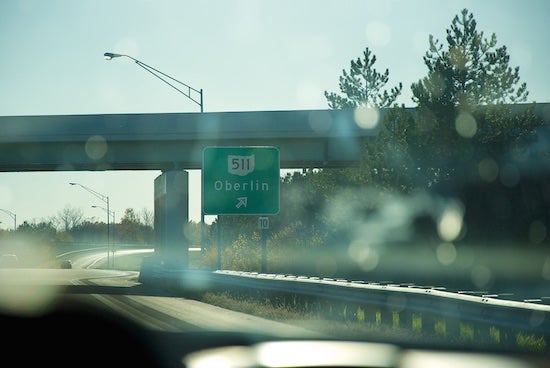 A highway exit sign for Oberlin