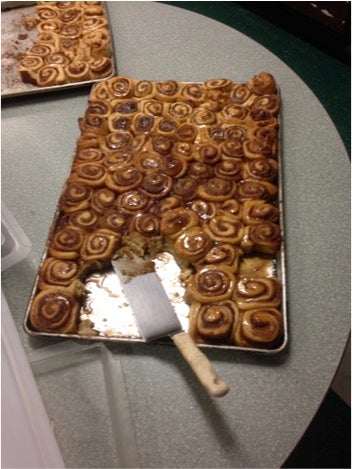 A very large baking sheet of cinnamon rolls