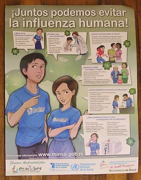 A Spanish cartoon poster with the headline: "Juntos podemos evitar la influenza humana!" 