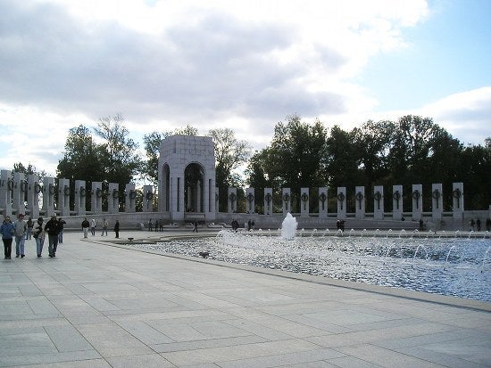 A memorial with water fountains