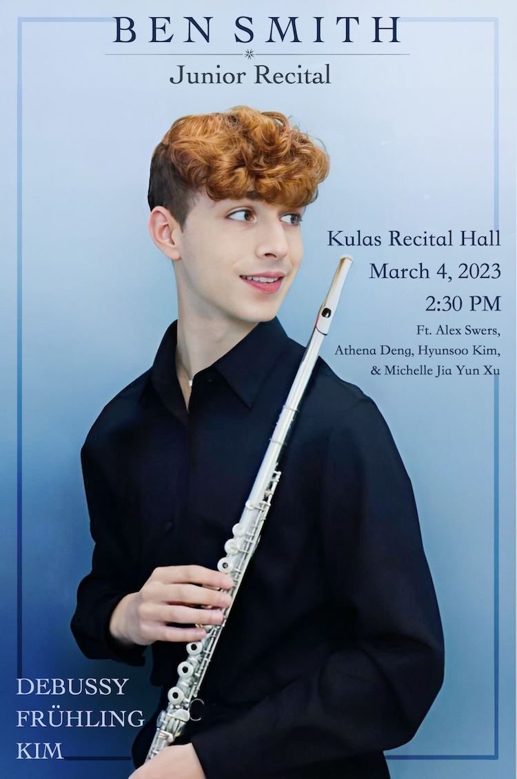 Portrait of myself in a black dress shirt with my flute in front of a gradient blue background, a recital poster of sorts.
