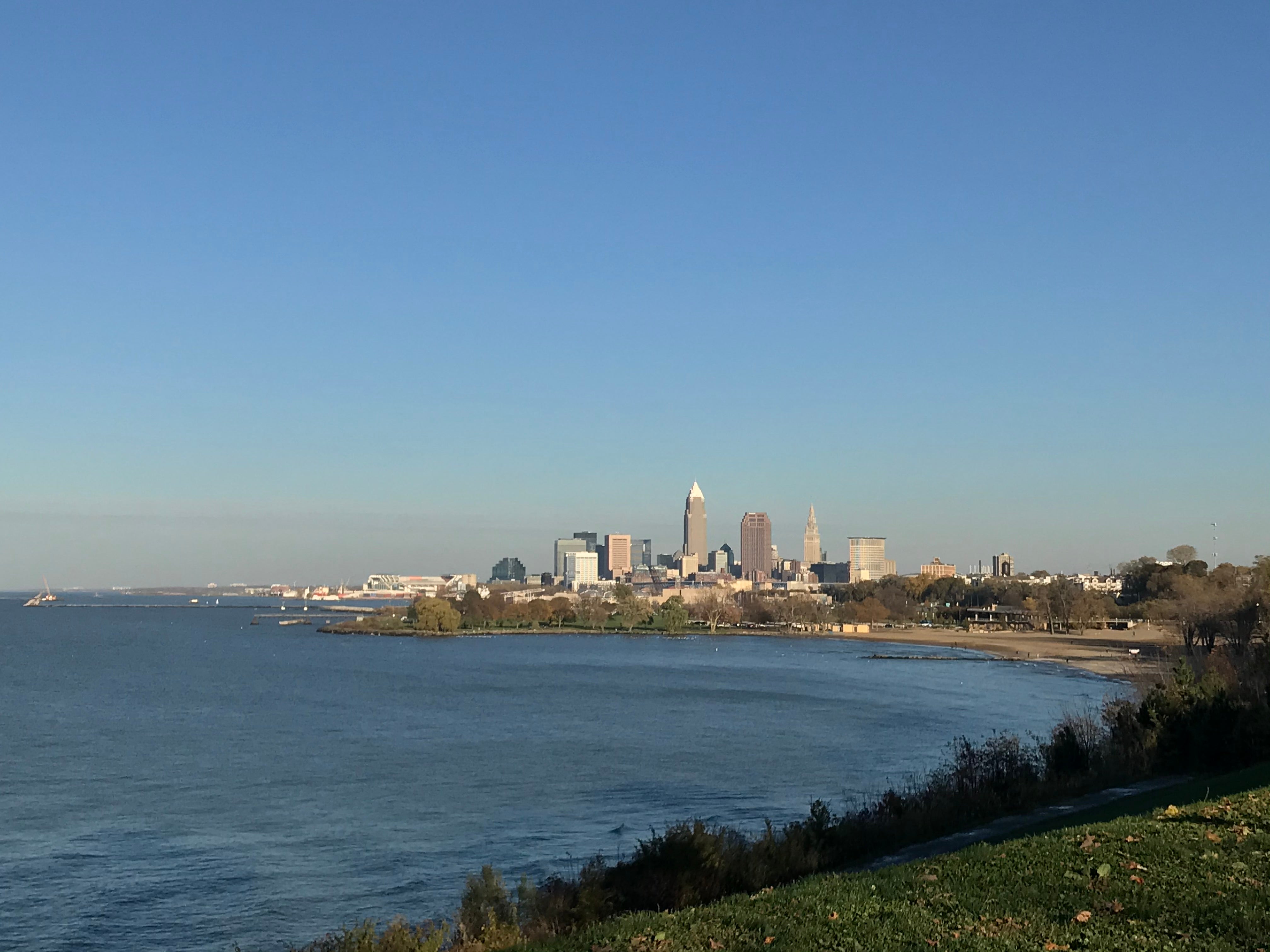 The Cleveland skyline with Lake Erie in the foreground.