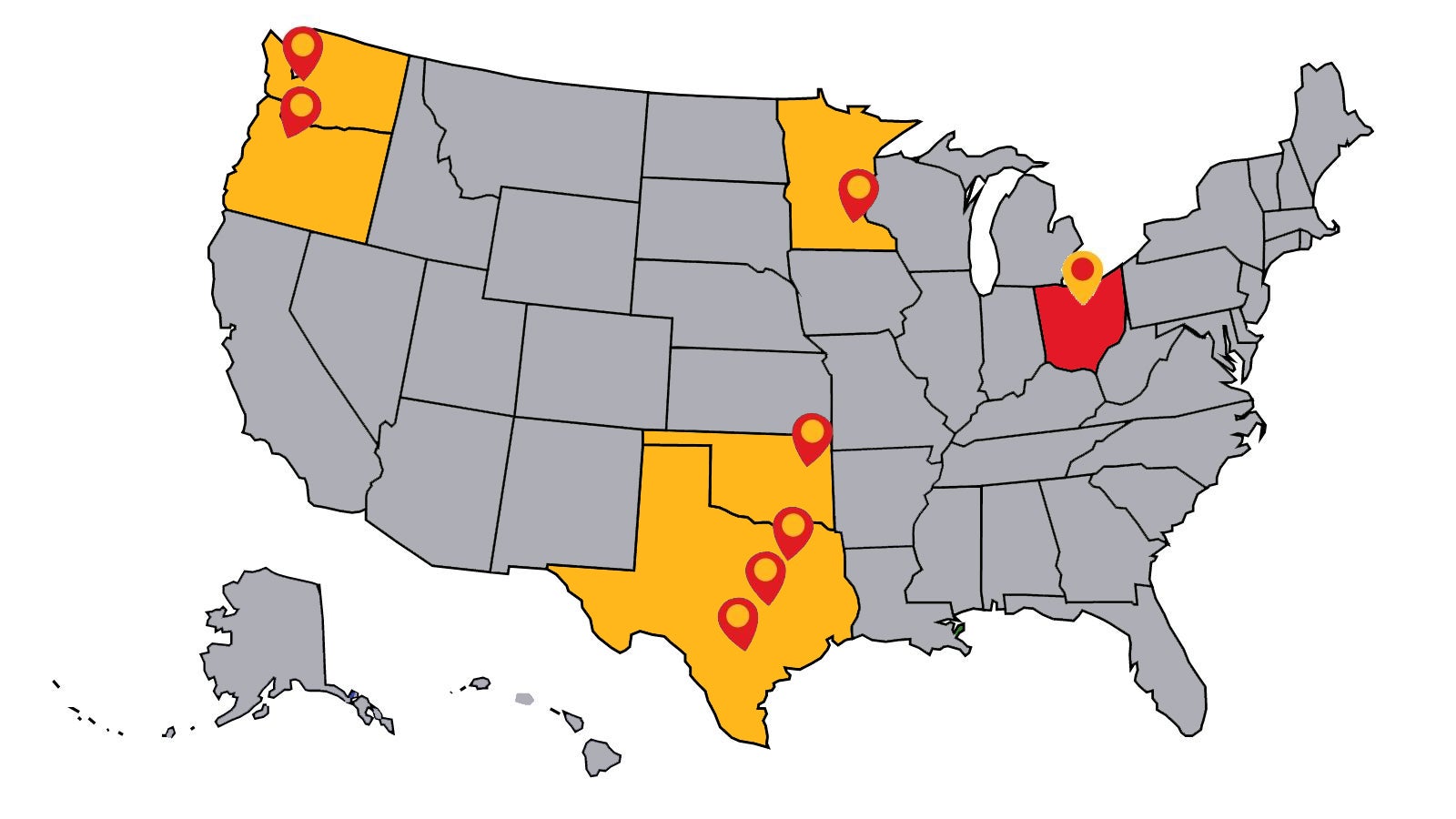 A map of the United States with pins in Washington, Oregon, Oklahoma, Texas, and Minnesota (colored yellow) and Ohio (colored red).