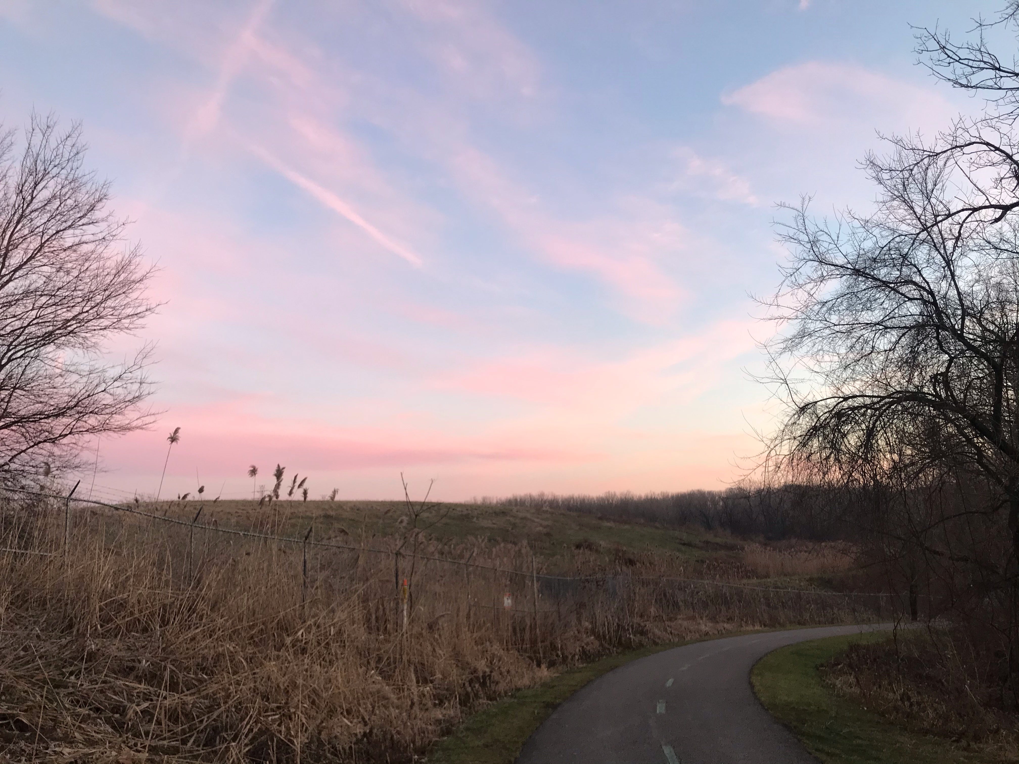 A curve in the Towpath Trail with pink clouds in the sky.