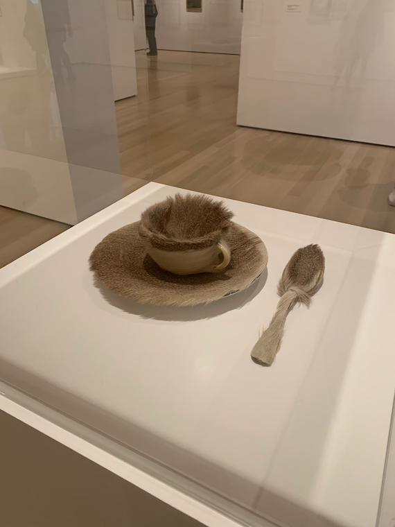 a teacup, saucer, and spoon covered in fur sit in a glass case.