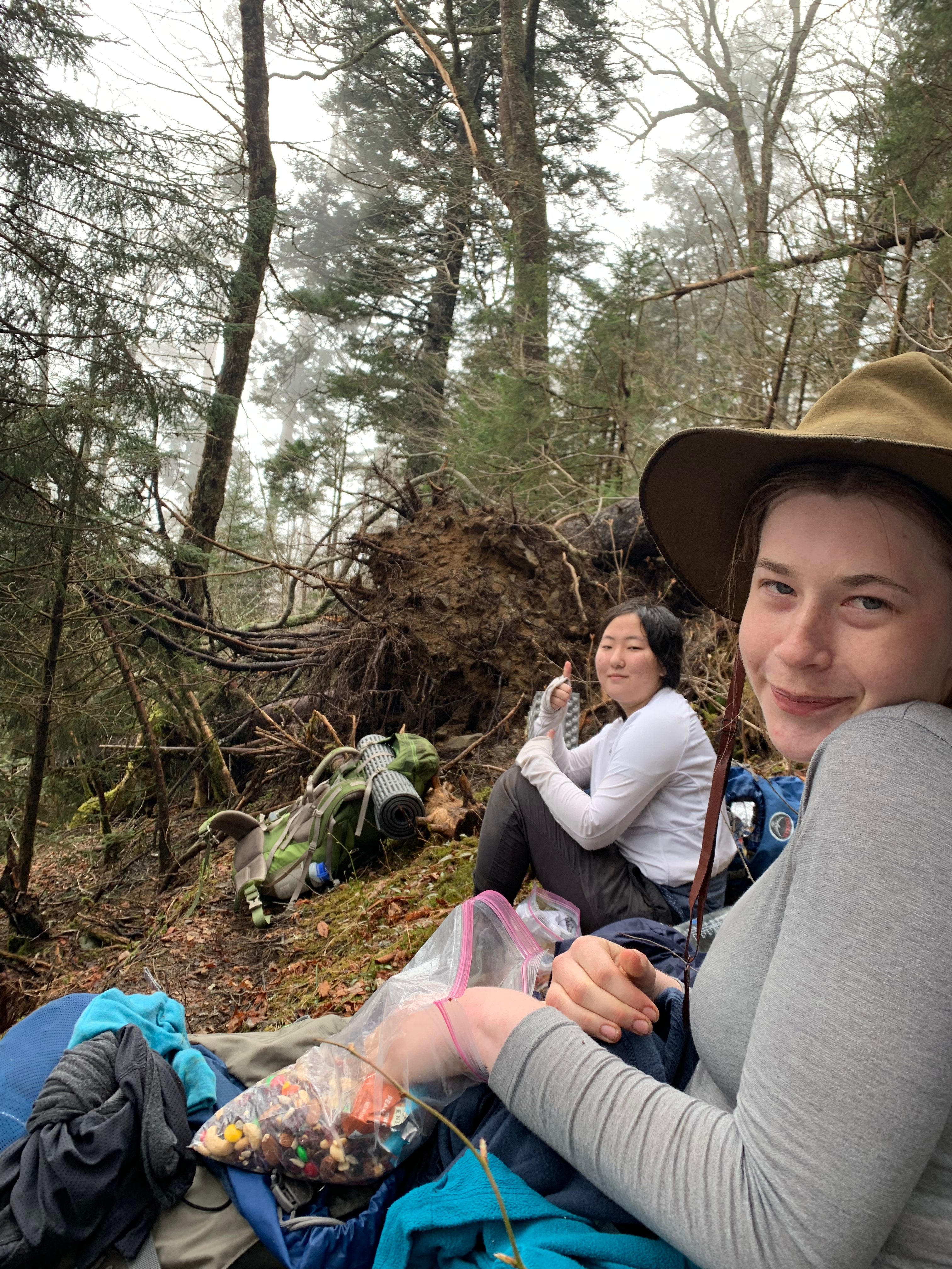 two people sit close to the camera, with a large overturned tree with roots behind them