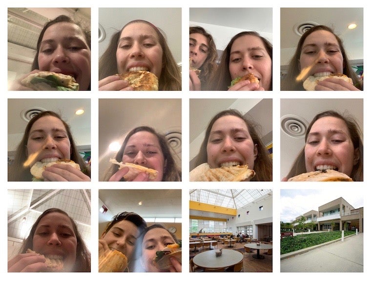 A collage of 10 photos of me eating my various sandwiches, plus one of the interior of our dining hall and one with the exterior of our dining hall!