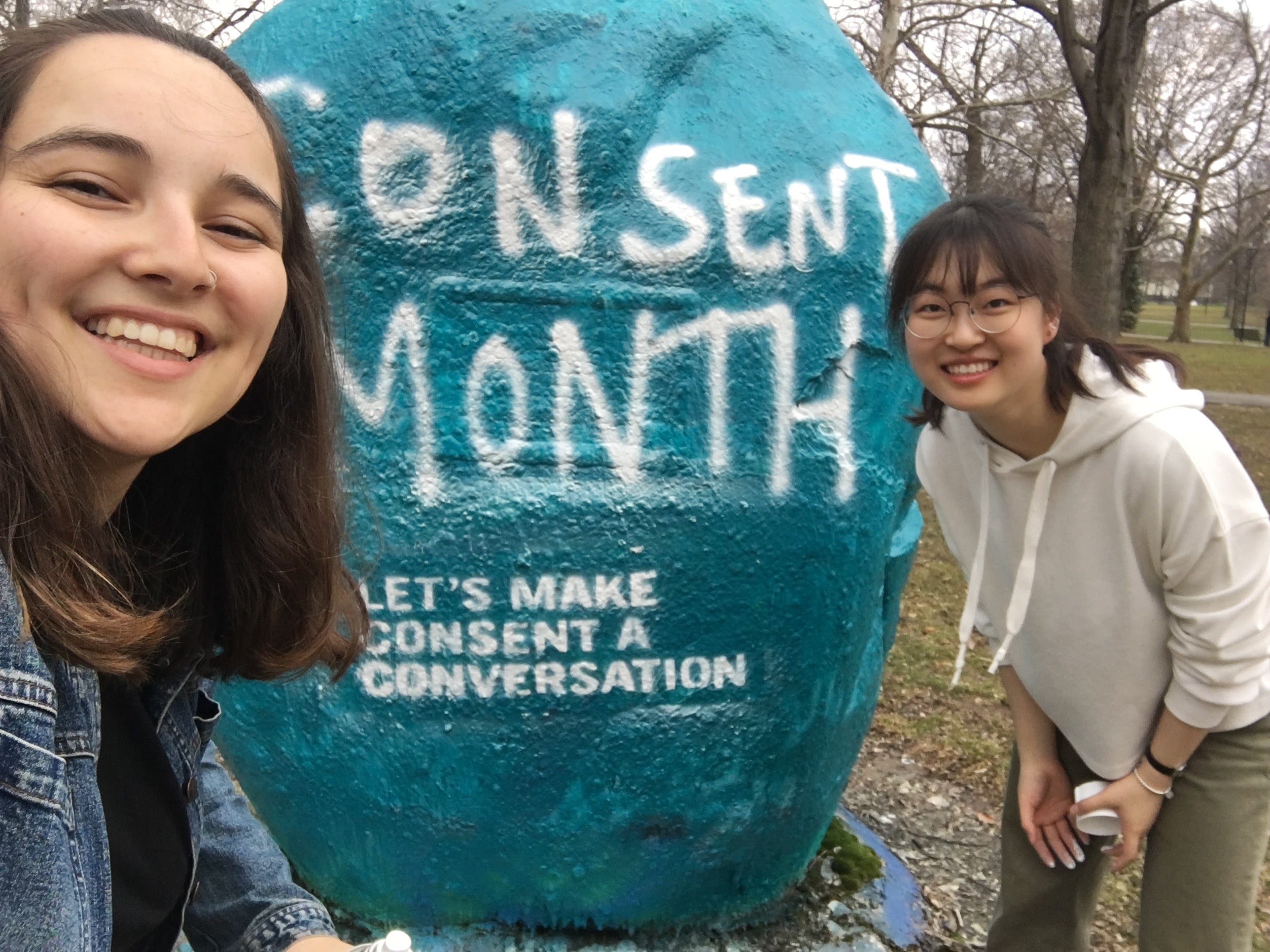 Students in front of a painted rock