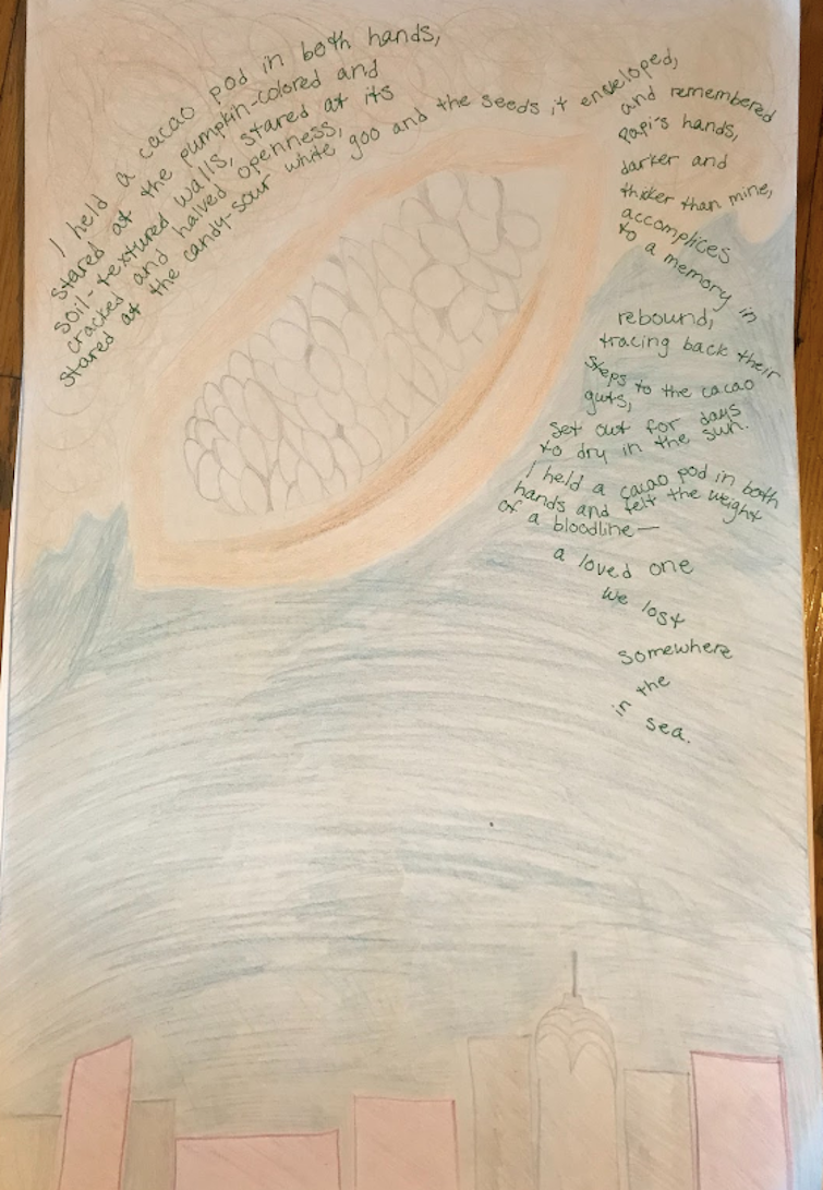 A colored pencil drawing of a cacao pod suspended over a blue sky or sea background, and a skyline at the bottom, with a poem written across it.