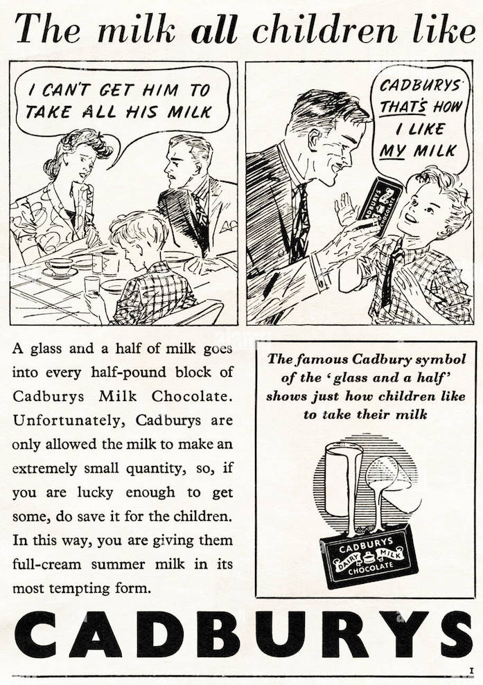 A vintage Cadbury ad titled "The milk all children like."